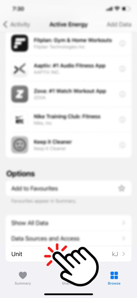 How to change the unit from KJ to Calories in Apple health